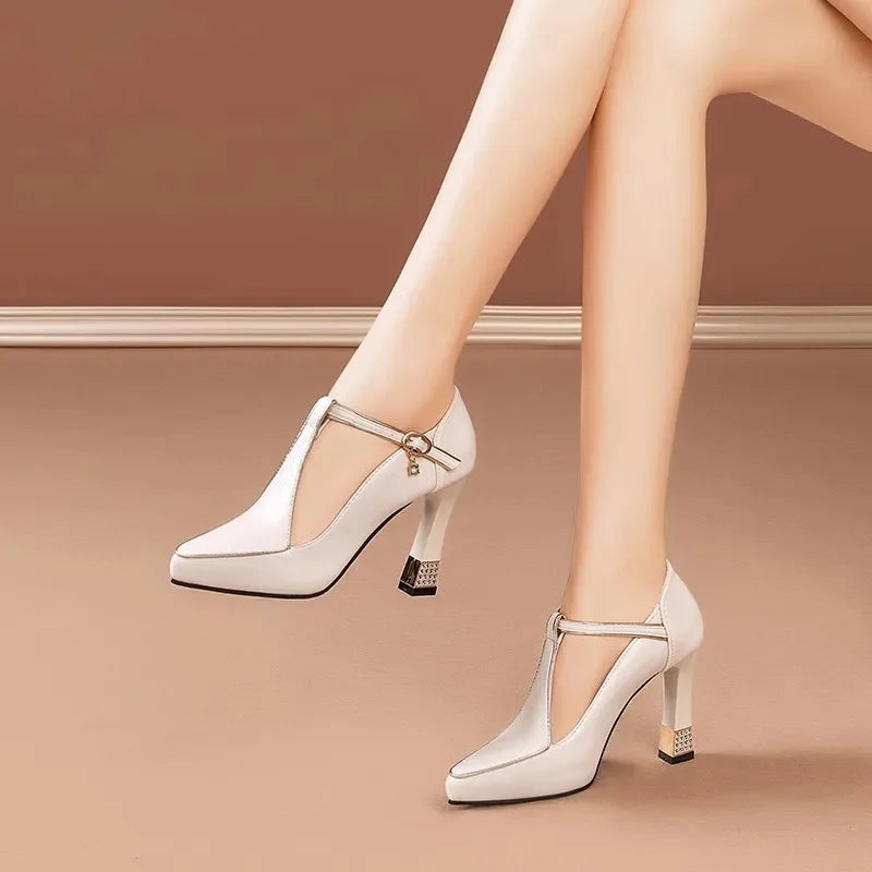Colette T-Strap Heels - Women’s Pointed Toe Block Pumps with Gold Charm