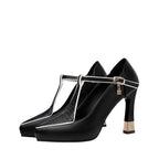 Colette T-Strap Heels - Women’s Pointed Toe Block Pumps with Gold Charm